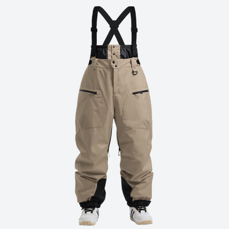 Men's 3L waterproof suspender snow pants - tan bib pants, front view with cross-back suspenders, for skiing and snowboarding