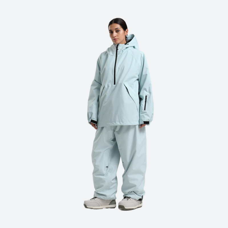 Women's breathable ski pullover jacket and pants set - ice blue anorak jacket with ice blue pants, for resort and street wear