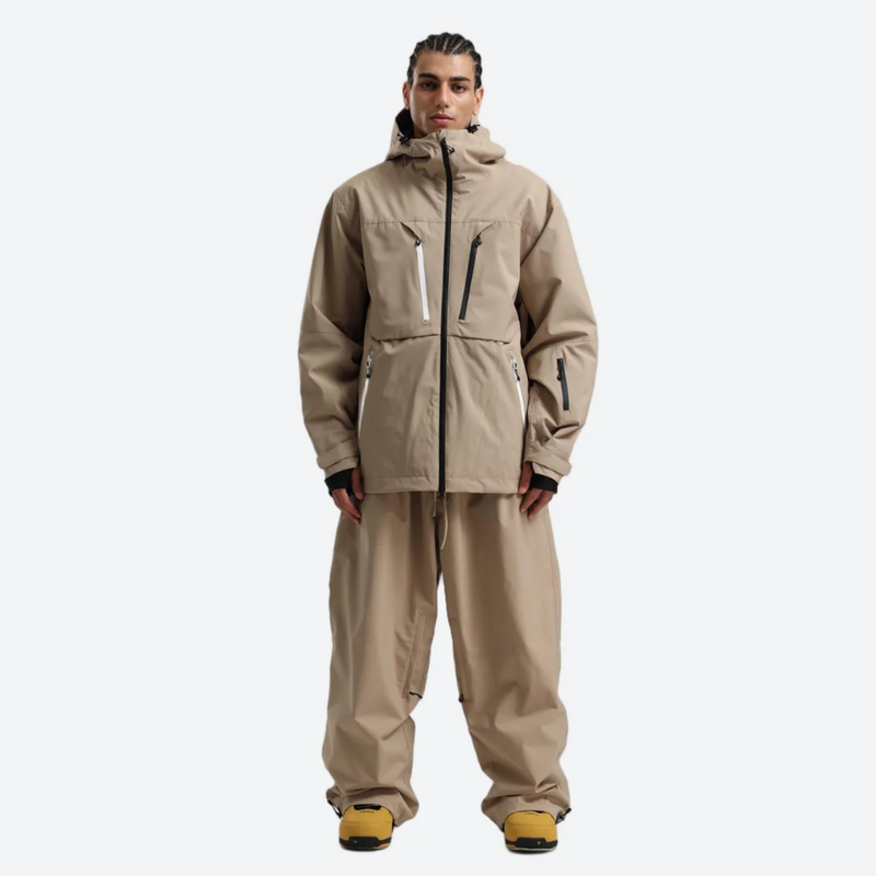 Men's breathable ski jacket with chest zip pockets - tan jacket with tan pants, for resort and street wear