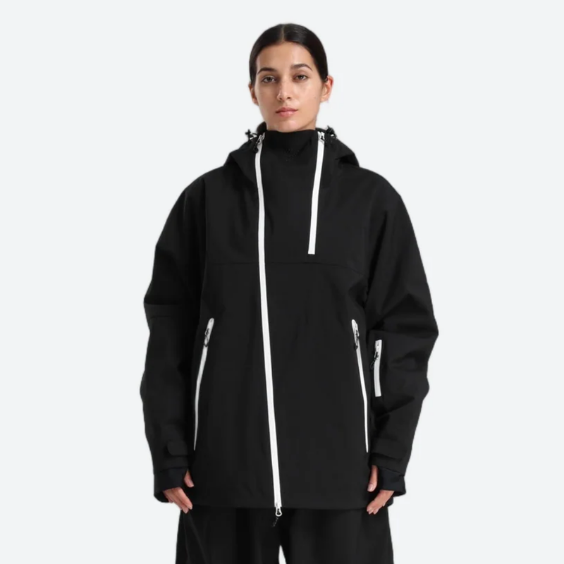Women's colorblock ski jacket set - black, on-model front view, for resort and street wear