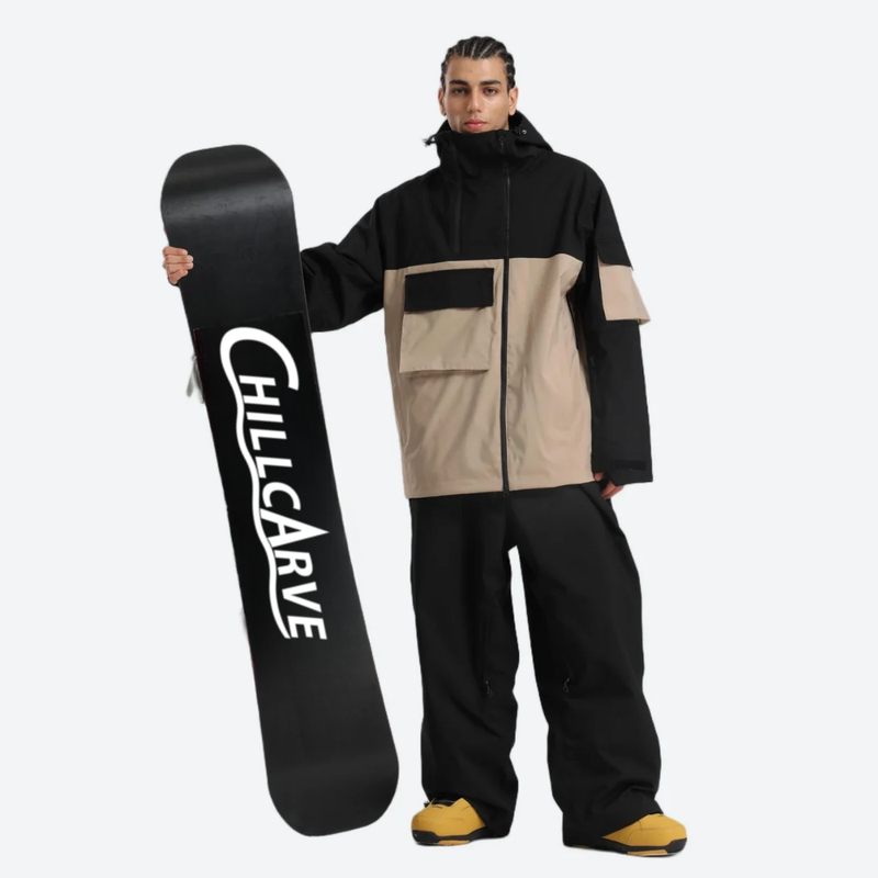 Men's colorblock ski pullover set - black and tan colorblock jacket with black pants, high storm collar blocks wind