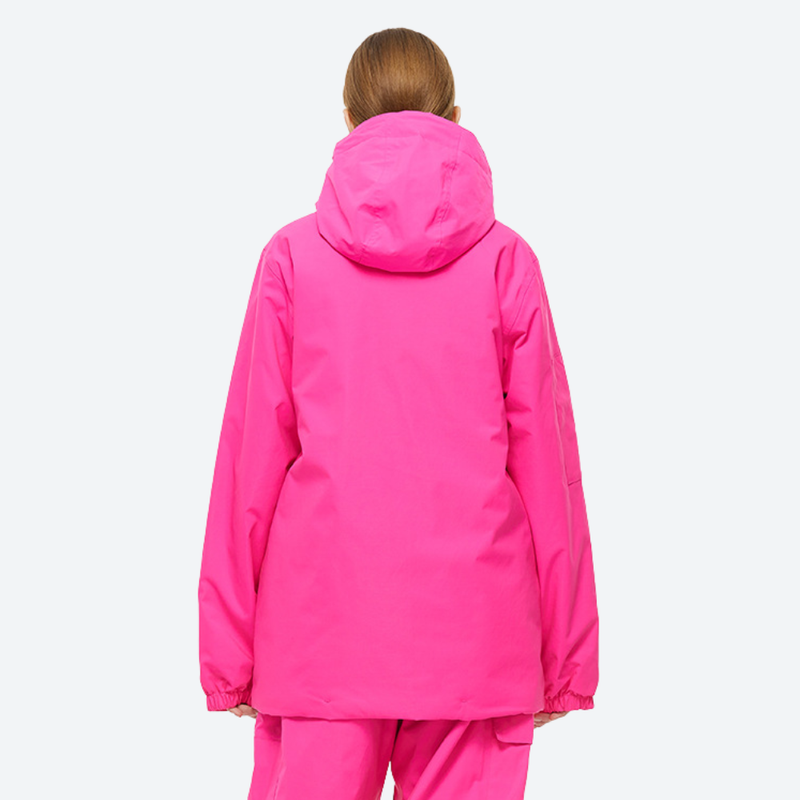 Women's waterproof 2L snow jacket and pants - pink jacket, on-model back view, for cold-weather winter sports