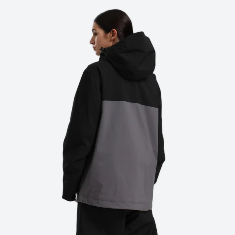 Women's waterproof 2L snow jacket and pants - black and gray colorblock, for powder days and winter commute