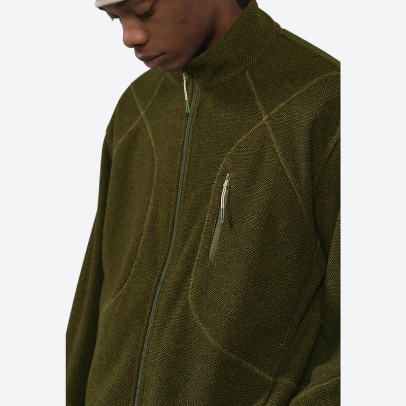 Warm textured fleece jacket with contrast zip - olive honeycomb fleece jacket on men with beanie