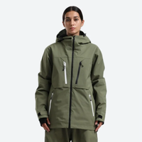 
                  
                    Women's waterproof 2L snow jacket and pants - olive green jacket, on-model front view, for cold-weather winter sports
                  
                