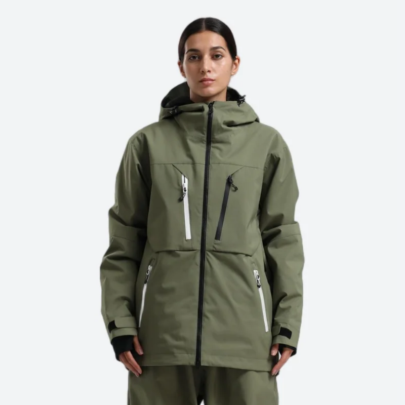 Women's waterproof 2L snow jacket and pants - olive green jacket, on-model front view, for cold-weather winter sports