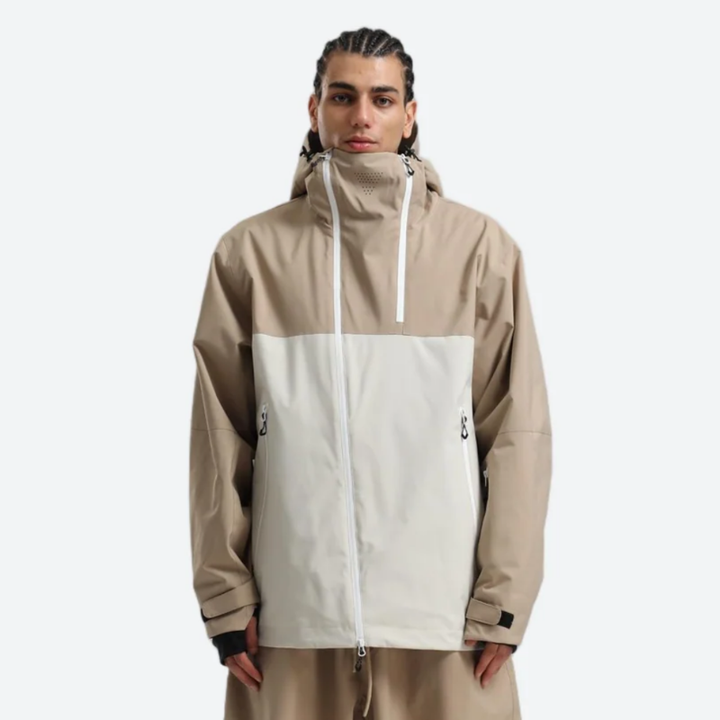Men's colorblock ski anorak set - tan and white colorblock, on-model front view, for cold-weather winter sports