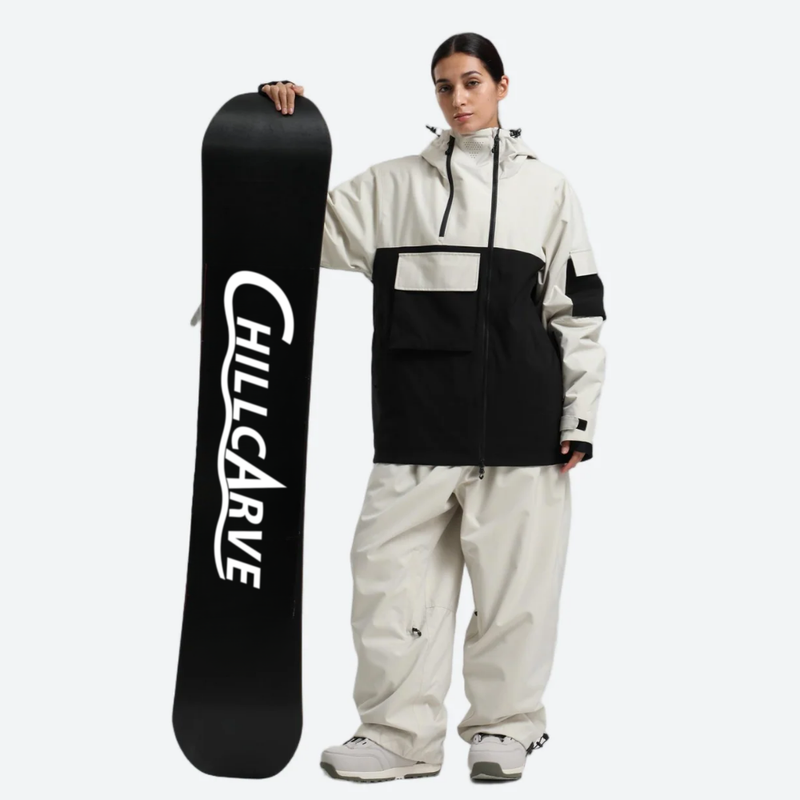 Women's waterproof 2L snow jacket and pants - cream and black colorblock jacket with cream pants, for resort and street wear