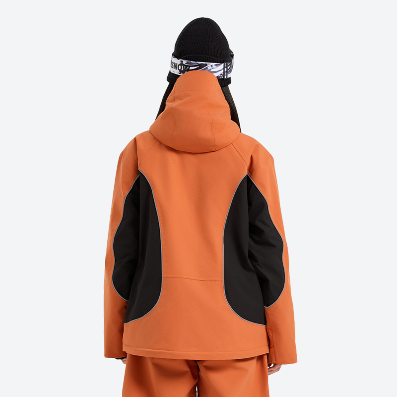 Women's breathable 2L colorblock ski set - orange black colorblock jacket, on-model back view, for skiing and snowboarding