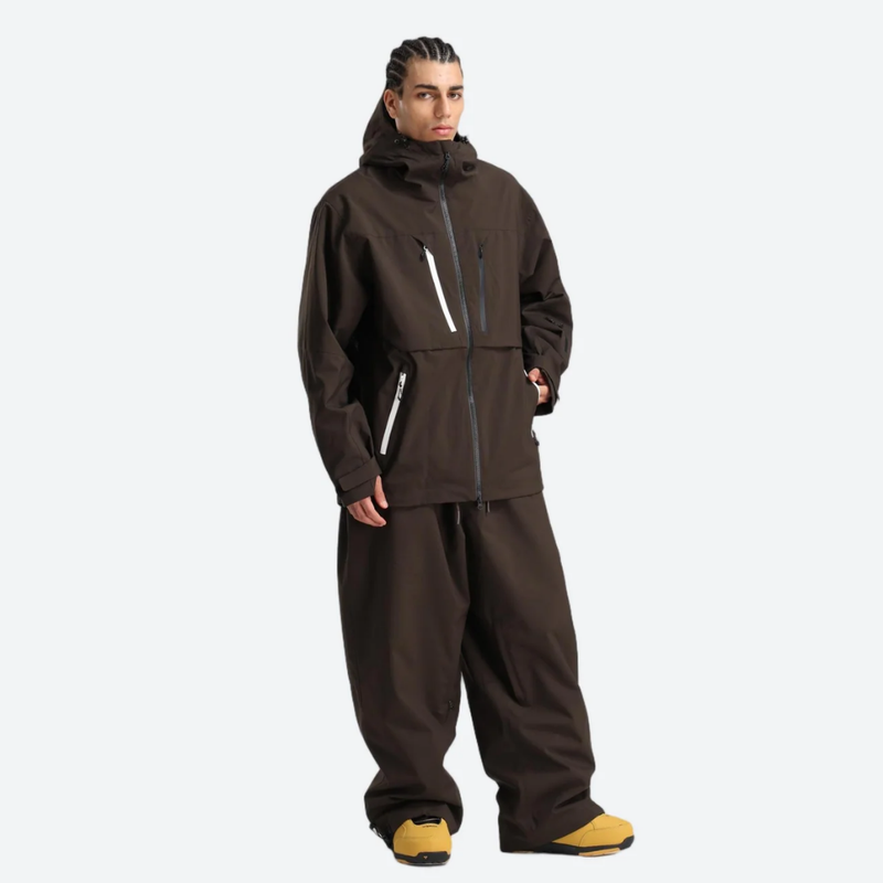 Men's breathable ski jacket with chest zip pockets - coffee brown jacket with coffee pants, on-model three-quarter front view