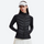 Women's warm packable down midlayer with stretch fabric - black down jacket on women with visor, for skiing and snowboarding