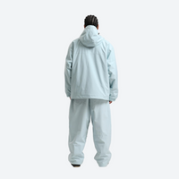 
                  
                    Men's breathable ski pullover set - ice blue jacket with ice blue pants, on-model back hood view, for resort and street wear
                  
                