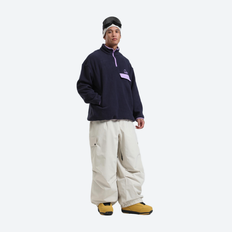 Waterproof 3L cargo snow pants - cream snow pants, on-model three-quarter front view, for resort and street wear