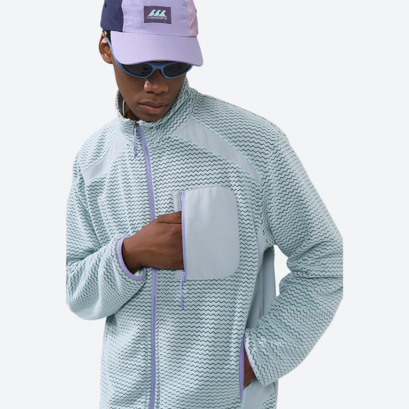 Warm textured fleece jacket with contrast zip - light blue honeycomb fleece jacket on men with cap