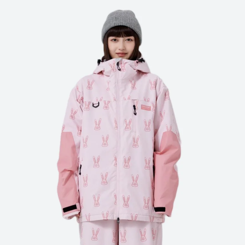 Women's breathable rabbit print ski jacket set - pink rabbit print jacket, on-model front view, for resort and street wear