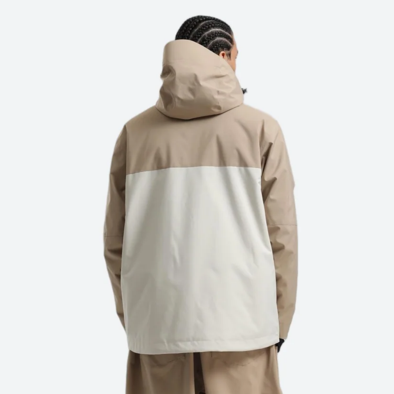 Men's waterproof 2L pullover snow jacket and pants - tan and white colorblock, for resort and street wear