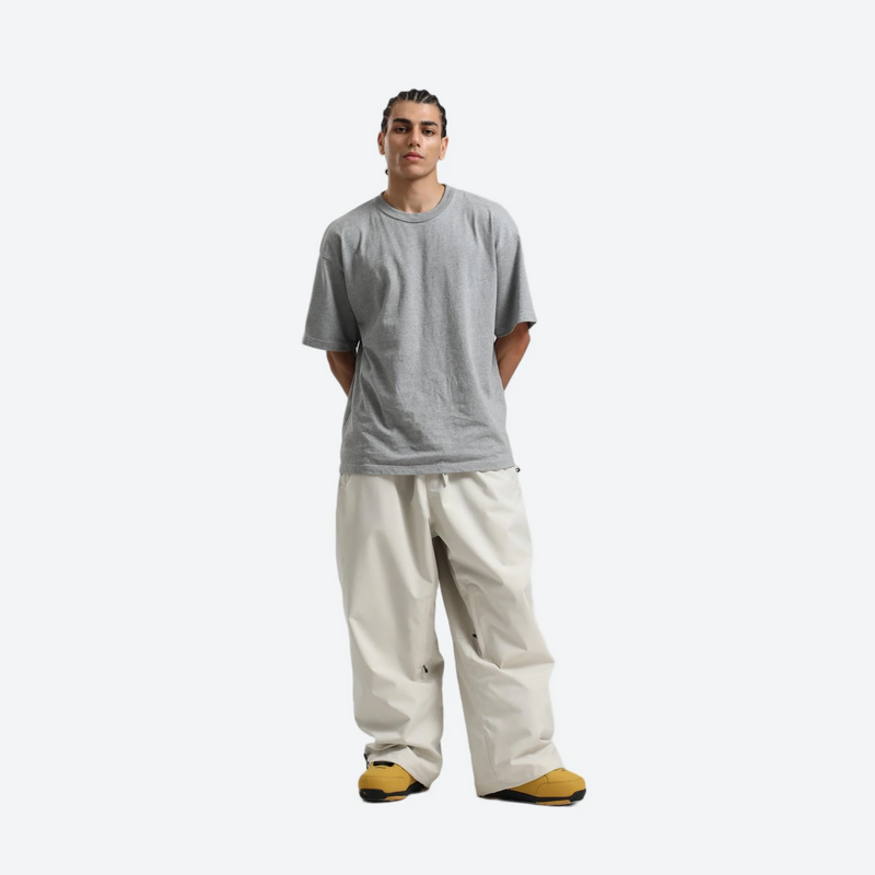 Men's 2-layer snowboard jacket and wide-leg pants - white snow pants with gray tee, for resort and street wear