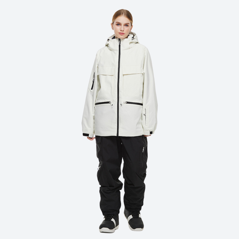 Women's breathable ski jacket in candy colors - white jacket with black pants, for powder days and winter commute