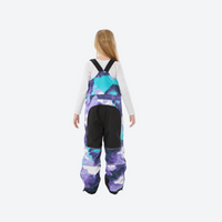 
                  
                    Youth 3-layer ski suit with bib pants - purple teal camo print bib pants, kids on-model back view, for family resort ski days
                  
                