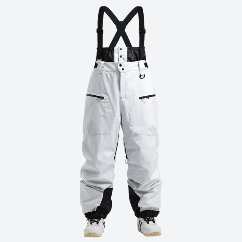 Men's 3L waterproof suspender snow pants - white bib pants, for cold-weather winter sports