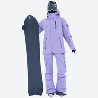 
                  
                    Breathable 2-layer ski jacket with suspender bibs - lavender jacket with lavender pants, for resort and backcountry days
                  
                