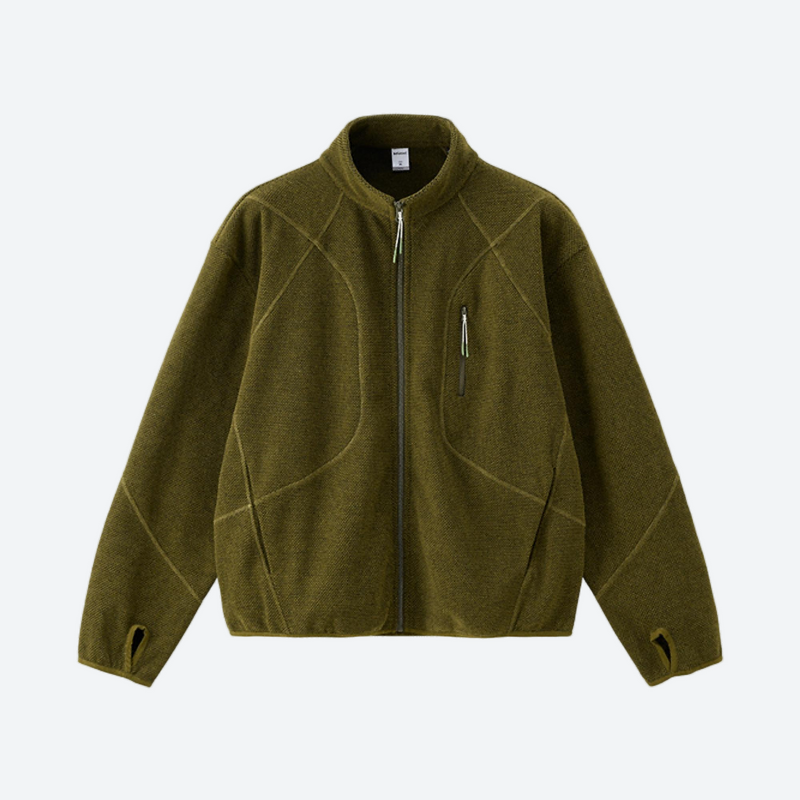 Warm textured fleece jacket with contrast zip - olive honeycomb fleece jacket, for running and outdoor workouts