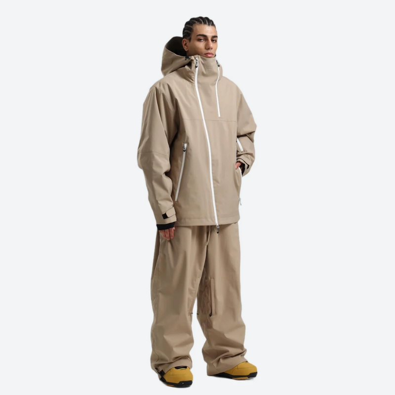 Men's colorblock ski anorak set - tan, on-model three-quarter front view, for resort and street wear