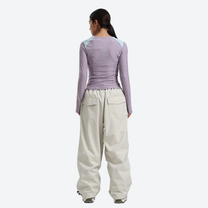 Women's colorblock ski jacket set - lavender base layer top with cream snow pants, for cold-weather winter sports