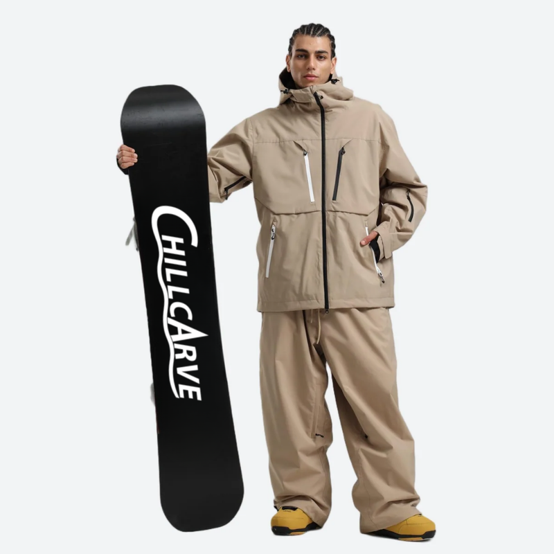 Men's breathable ski jacket with chest zip pockets - tan jacket with tan pants, for skiing and snowboarding