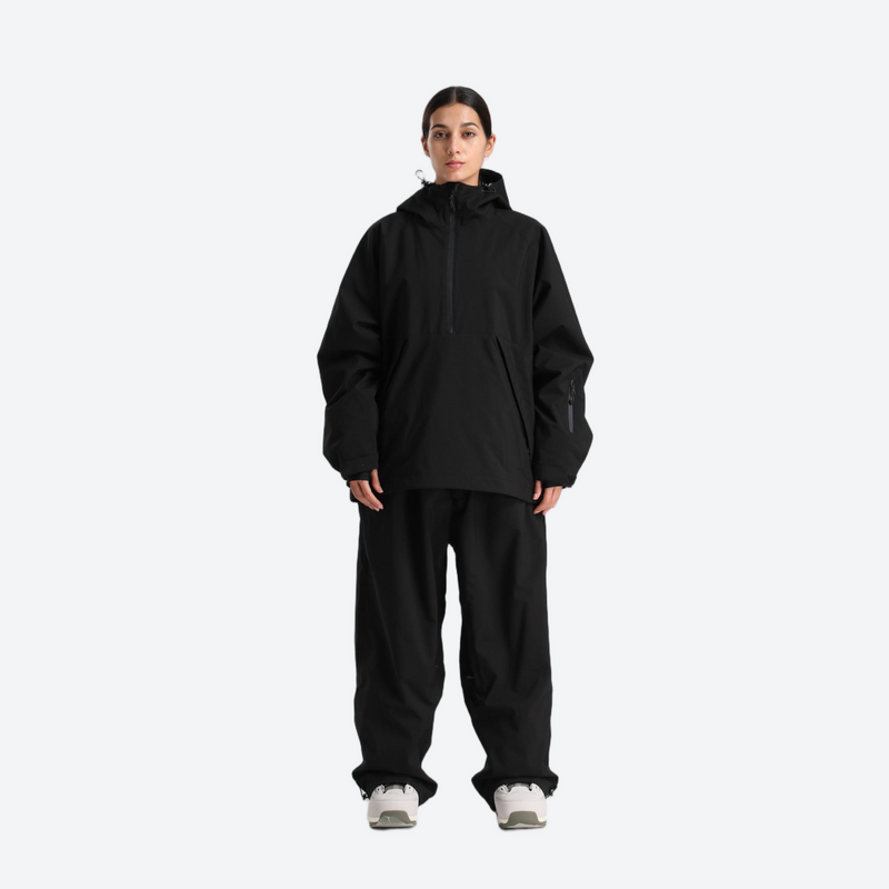 Women's waterproof 2L anorak snow jacket and pants - black anorak jacket with black snow pants, for skiing and snowboarding
