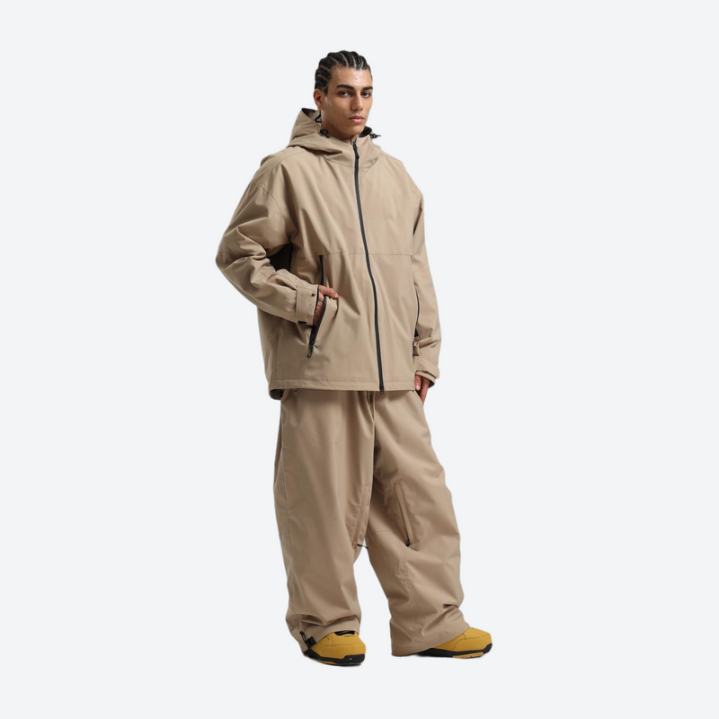 Men's 2-layer snowboard jacket and pants set - tan jacket with tan pants, for skiing and snowboarding