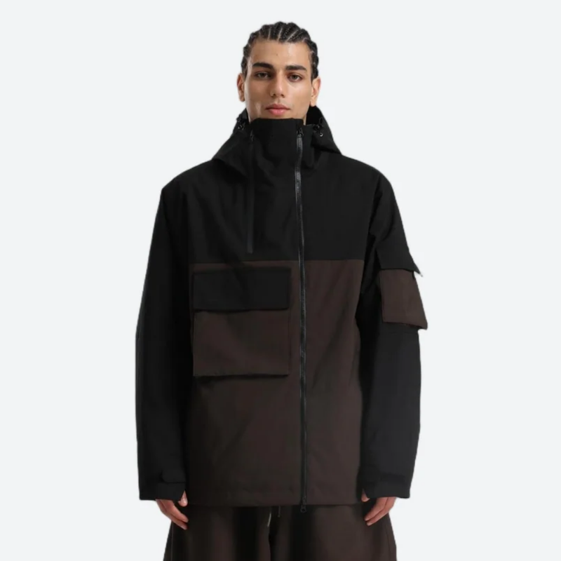 Men's colorblock ski pullover set - black and coffee brown colorblock, on-model front view, for cold-weather winter sports