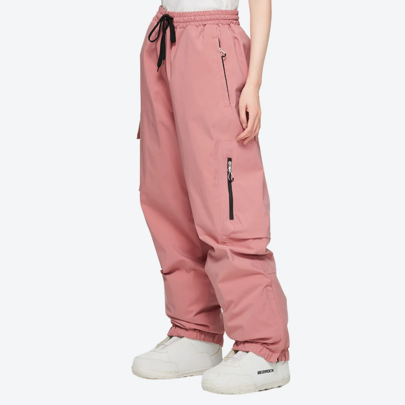 Women's 2-layer snowboard jacket and pants - dusty pink snow pants, on-model side view, for powder days and winter commute
