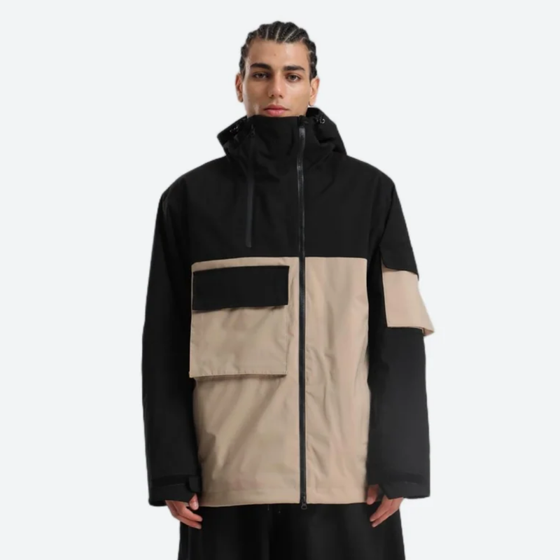 Men's waterproof 2L snow jacket and pants - black and tan colorblock, on-model front view, for cold-weather winter sports