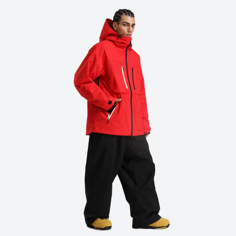 Men's waterproof 2L snow jacket and pants - red jacket with black pants, for powder days and winter commute