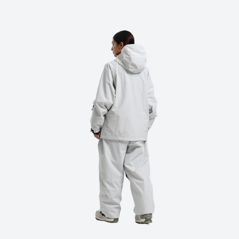 Women's breathable ski pullover jacket and pants set - light gray anorak jacket with white pants, for resort and street wear
