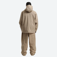 
                  
                    Men's breathable 2L snowboard jacket and pants - tan, on-model back hood view, for powder days and winter commute
                  
                