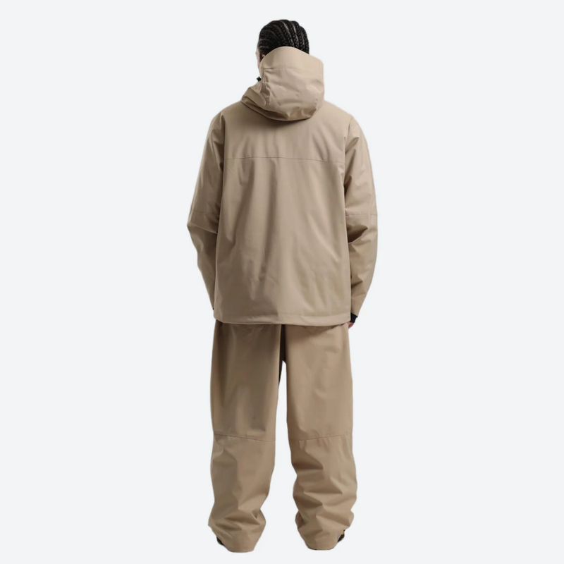 Men's breathable 2L snowboard jacket and pants - tan, on-model back hood view, for powder days and winter commute