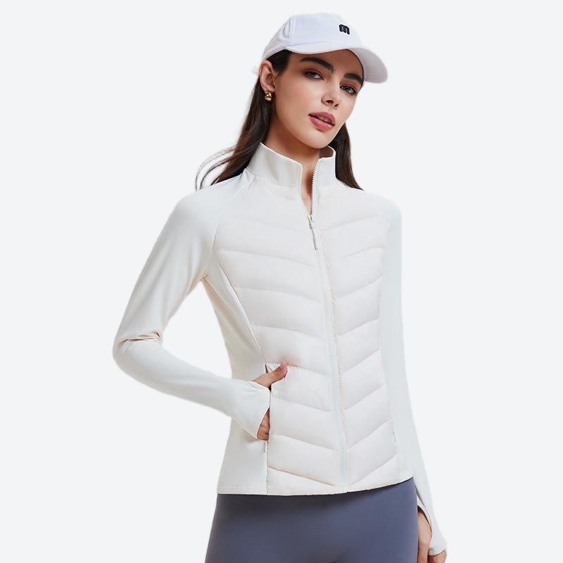 Women's lightweight goose-filled mid-layer jacket - white down jacket on women with cap, for skiing and snowboarding