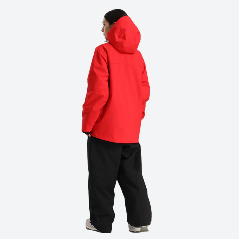 Women's 2-layer snowboard jacket and pants - red jacket with black pants, for powder days and winter commute