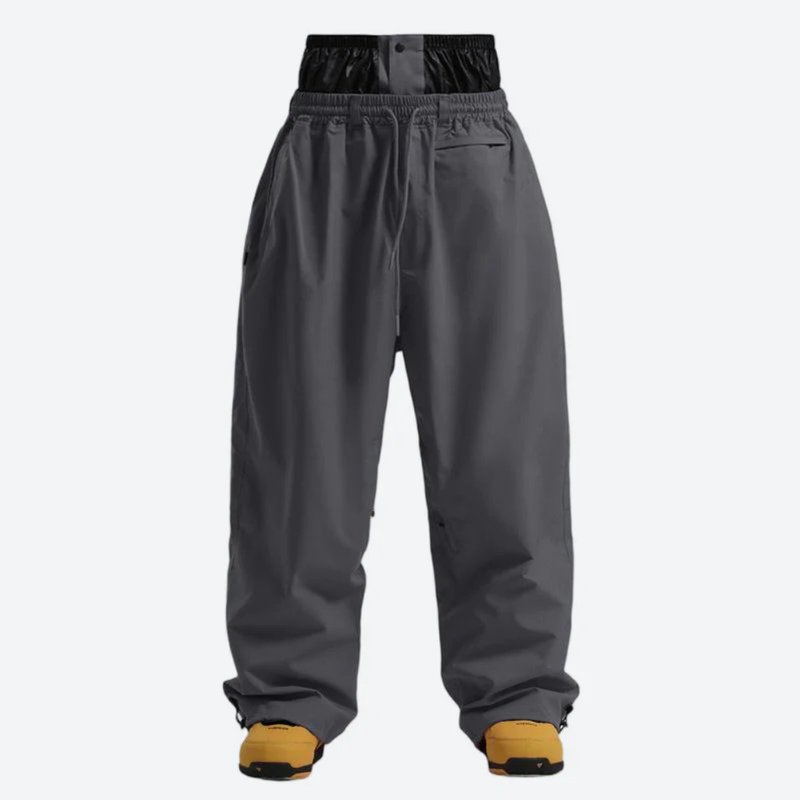 Men's waterproof 2L snow jacket and pants - gray snow pants, flat lay front view, for powder days and winter commute