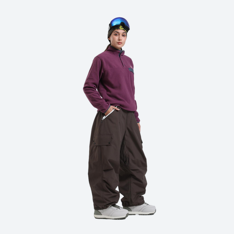 Unisex breathable wide-leg ski pants - coffee brown snow pants with purple pullover, for skiing and snowboarding