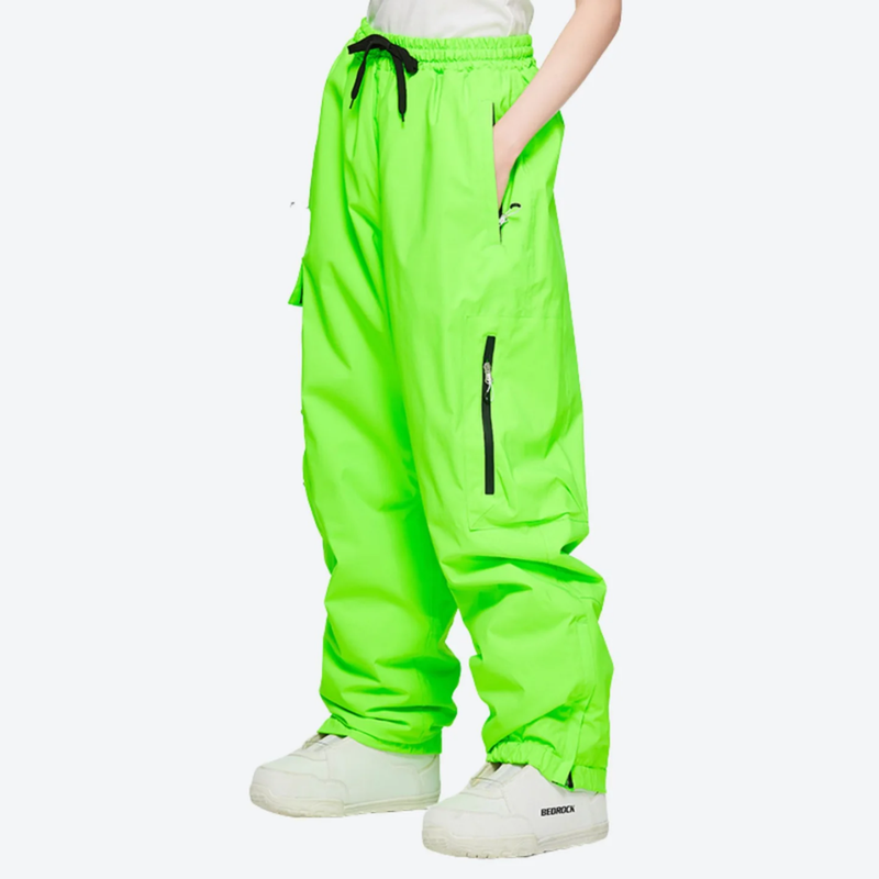 Men's waterproof 2L snow jacket and pants series - neon green snow pants, on-model side view, for skiing and snowboarding