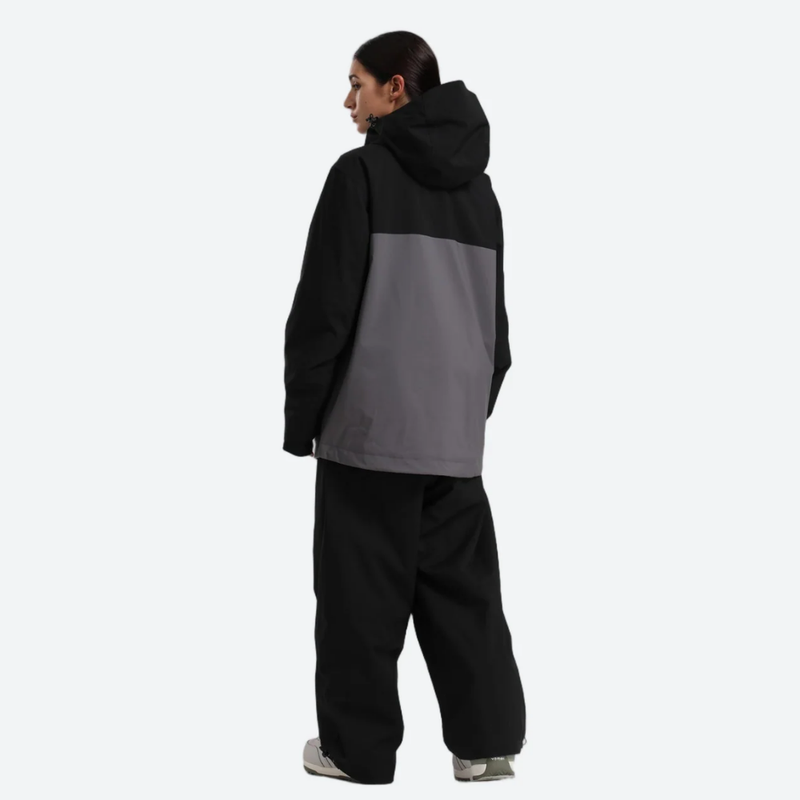 Women's breathable 2-layer snowboard jacket and pants - black and gray colorblock jacket with black pants