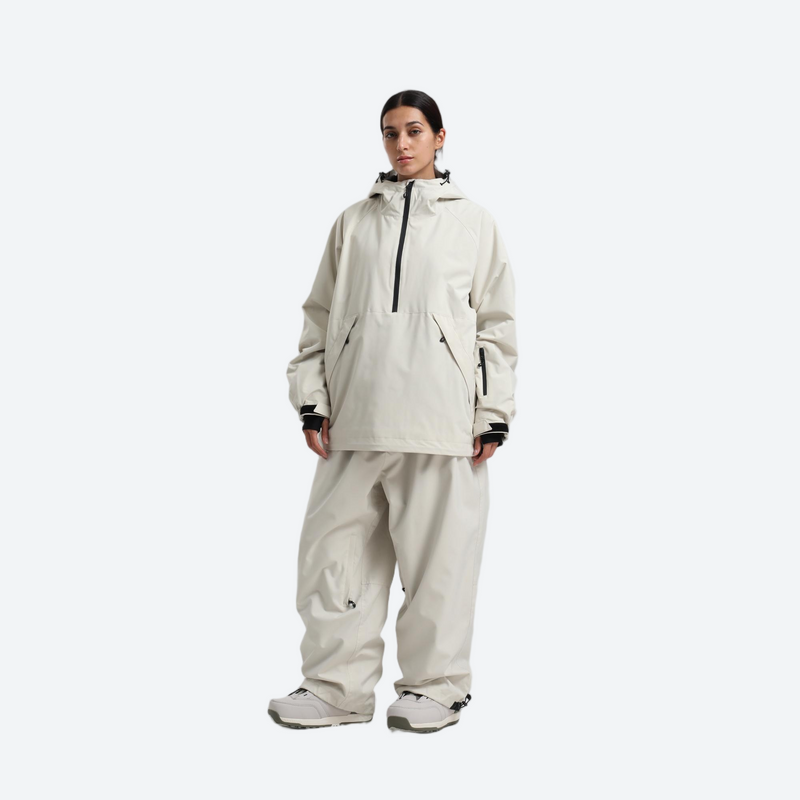 Women's breathable ski pullover jacket and pants set - cream anorak jacket with cream pants, for cold-weather winter sports