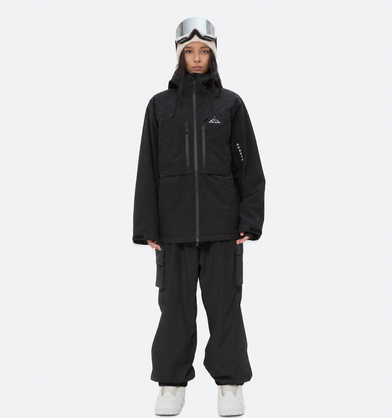 Women's breathable ski jacket and anorak set - black jacket with black pants, for resort and backcountry days