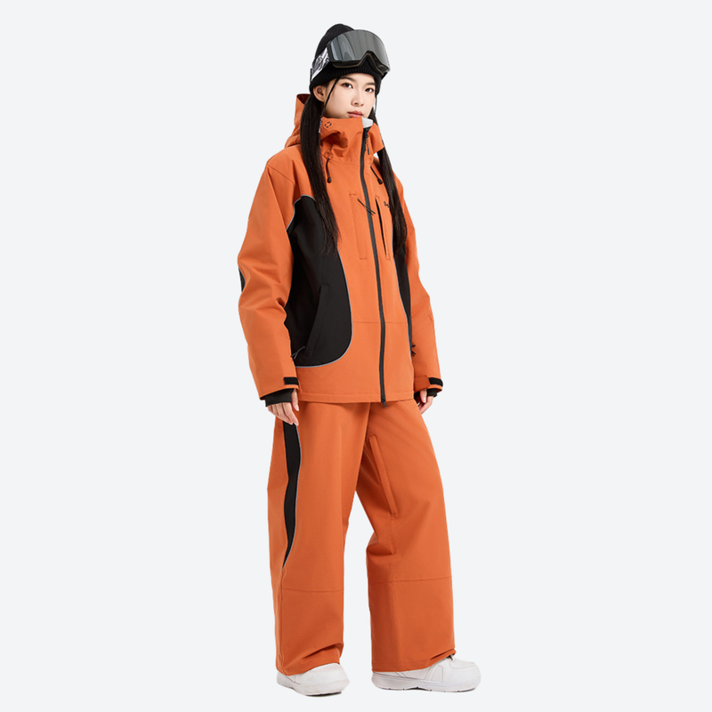 Women's colorblock waterproof snow jacket and pants - orange black jacket with orange pants, for resort and street wear