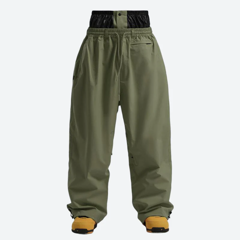 Men's waterproof 2L snow jacket and pants - olive green snow pants, flat lay front view, for skiing and snowboarding