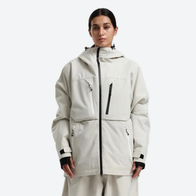 Women's waterproof 2L snow jacket and pants - white jacket, on-model front view, for resort and street wear