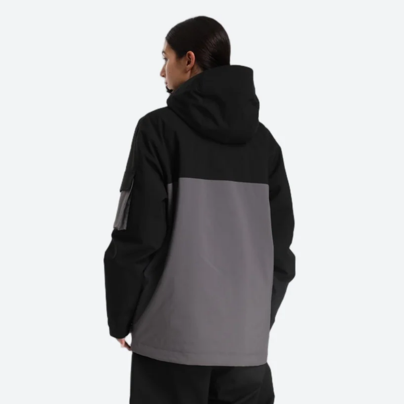 Women's colorblock ski pullover set - black and gray colorblock, on-model back hood view, for skiing and snowboarding